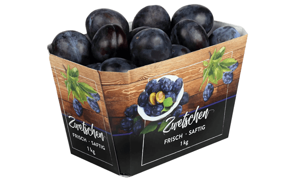 Freigestelltes Bild einer Kartonschale für Zwetschgen oder Pflaumen für Handelsmarke EDEKA.