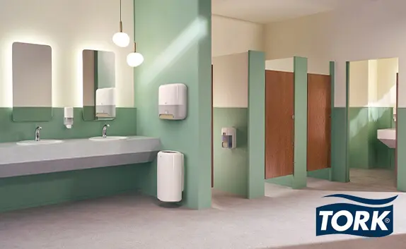 Gerendertes Bild eines Waschraums mit Produkten von Tork.