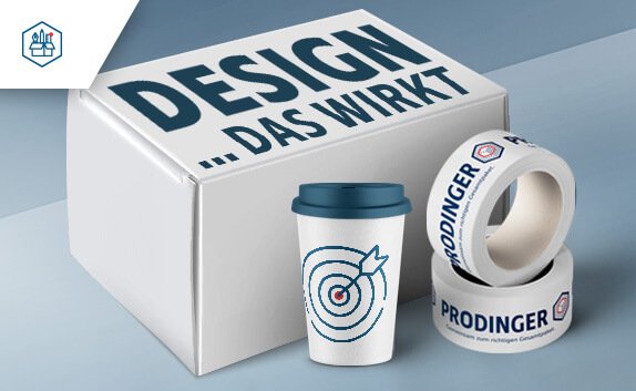 Verschiedene Verpackungsdesigns auf Bechern und Klebeband; gestaltet von der PRODINGER Inhouse-Grafikagentur.