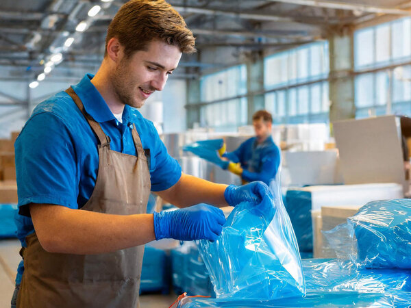 Mitarbeiter einer Firma packen Metallgegenstände in VCI-Folie ein