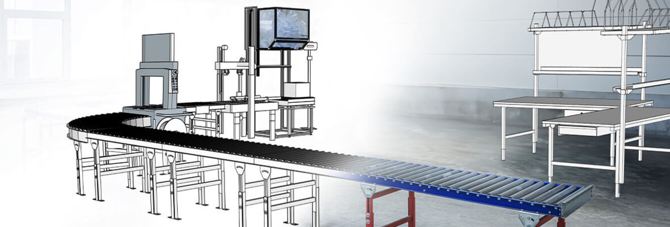 Illustration und Realbild einer Packstrasse in einer Logistik-Halle.