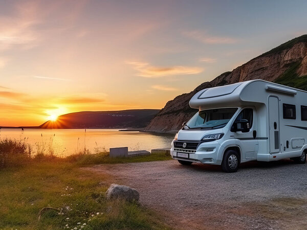 Ein Wohnmobil, für den PRODINGER eine Trenntoilette entwickelt hat, steht bei Sonnenuntergang am Meer.