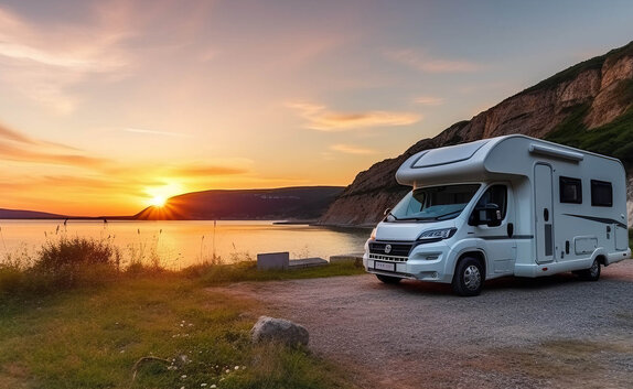 Ein Wohnmobil, für den PRODINGER eine Trenntoilette entwickelt hat, steht bei Sonnenuntergang am Meer.