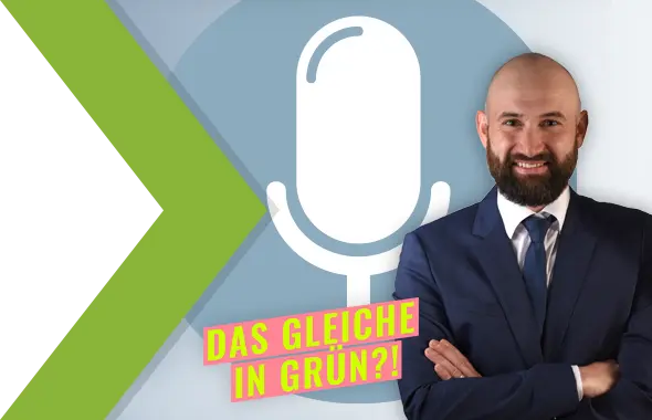 Banner zur Podcastfolge über die Geheimnisse nachhaltiger Stretchfolie mit PRODINGER Experte Matthias Weiß bei "Das Gleiche in Grün"